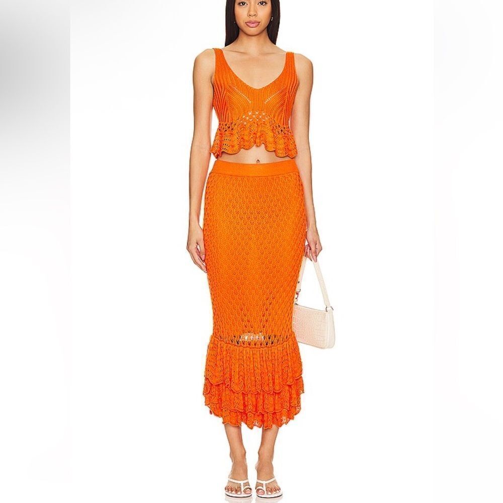 Beach Riot Polly Skirt Sunshine Haze Orange crochet knit fringe midi Revolve S - Picture 8 of 10